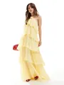 Full view of elegant yellow layered halter-neck backless maxi dress with flowing fabric - S / Top And Bottom / Yellow