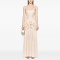 Full-length view of a French luxury strapless evening gown with elegant ruffle details - S / Tops / Apricot