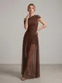 Elegant brown one-shoulder pleated mesh maxi dress featuring a sheer skirt detail. - S / Top And Bottom / Coffee