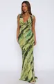 Elegant green printed maxi dress with deep V-neck and backless tie shoulder design - S / Bottoms / Green