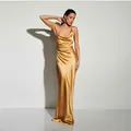 Full-length detail view of the elegant golden satin cowl neck maxi dress on a fashion model - S / Top And Bottom / Gold