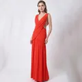 Elegant orange V-neck floor-length dress with pleated cross front and gold details - S / Top And Bottom / Red