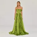 Elegant green French banquet dress with ruffles and pleated A-line silhouette - S / Tops / Green