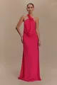 Elegant fuchsia halter neck maxi dress with 3D flower accents and draped cowl neckline - S / Top And Bottom / Rose Red