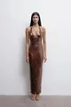 Elegantes, tiefkaffeebraunes Pailletten-Maxikleid mit Neckholder und schmaler Passform. - L / Kleider / Dunkelbraun