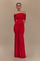 Full view of elegant red off-the-shoulder mesh dress with pleated texture details - S / Top And Bottom / Red