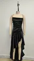 Detailed view of an elegant black satin asymmetrical ruffled evening dress for women. - XS / Top And Bottom / Black