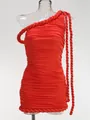 Detailed view of a red one-shoulder ruched bodycon dress with thick twisted rope trim - S / Top And Bottom / Red