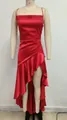 Elegant red satin evening slip dress featuring irregular ruffle hem and sexy high-low cut - XS / Top And Bottom / Red