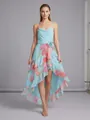 Floral print spaghetti strap hi-lo dress in light blue with ruffle details and asymmetrical hem - XS / Tops / Light Blue Floral