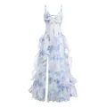 Detailed view of white maxi dress with blue floral print and ruffled high slit - M / Top And Bottom (F1238) / Blue