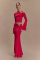 Elegant red two-piece maxi dress set featuring asymmetrical top and 3D gold flowers - M / Top And Bottom / Red