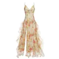 Elegant floral French summer slip dress with tiered ruffles and high slit detail - Yellow