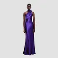 Elegant deep purple satin halter evening gown featuring a rose floral shoulder detail - S / Top And Bottom / Purple
