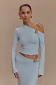 Detail of light blue one-shoulder top and skirt set with golden floral decorations - S / Top And Bottom / Light Blue