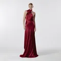 Elegant red satin halter neck evening gown featuring a large rose detail and floor-length hem. - M / Top And Bottom / Red