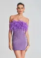 Detail view of purple sequin strapless mini dress with elegant ostrich feather trim decoration - L / Top And Bottom / Purple