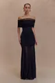 Elegant black off-the-shoulder mesh ruched maxi dress with fitted silhouette and sheer detail. - S / Top And Bottom / Black