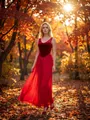 Elegant red sleeveless evening gown with a flowing skirt in an autumn park setting - S / Top And Bottom / Red