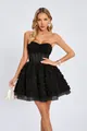 Close-up of black strapless cocktail dress with 3D floral roses and beaded bodice - S / Black