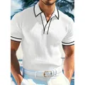 Close-up of white ribbed knit polo shirt with black tipping on collar - S / Tops / White