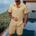Detailed view of men's summer casual shirt and shorts set in khaki textured fabric - Khaki