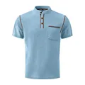 Men's light blue short sleeve Henley shirt featuring ribbed texture and stylish brown trim - Light Blue