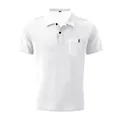 Detailed view of white waffle textured polo shirt with chest pocket and button collar - S / Tops / White