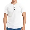 Close-up detail of men's white waffle knit Henley short sleeve shirt with three-button placket - S / Tops / White