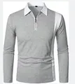 Detail view of men's two-tone long-sleeve polo shirt with zip collar and white trim - Light Gray