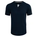 Macro detail of men's navy blue Henley shirt showing textured waffle knit fabric and buttons - Navy Blue