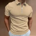 Detail view of men's slim fit short sleeve polo shirt featuring vertical stripes and zipper - S / Tops / Khaki