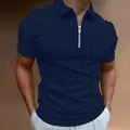 Close-up detail of navy blue slim fit ribbed polo shirt with silver zipper closure. - S / Tops / Navy Blue