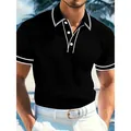 Stylish men's black ribbed short sleeve polo shirt with white contrast trim for summer - S / Tops / Black