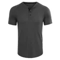 Detailed close-up view of a men's waffle knit Henley shirt in a charcoal grey color - S / Tops / Dark Gray