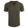 Detailed view of men's olive green short sleeve waffle knit Henley shirt texture - Army Green