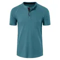 Macro view showing the teal waffle knit texture and three-button placket detail - Teal