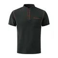 Vista detallada de la camiseta Henley gris para hombre con costuras de contraste naranja. - S / Tops / Gris oscuro
