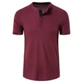 Detail of a men's burgundy short-sleeved Henley shirt with waffle knit texture fabric - S / Tops / Burgundy