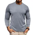 Close-up detail of a premium men's grey waffle knit long sleeve crew neck basic t-shirt - S / Tops / Light Gray