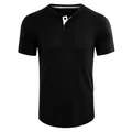 Detailed macro view of a men's black waffle knit Henley shirt with white button placket - S / Tops / Black