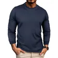 Detailed view of men's dark blue waffle knit long sleeve T-shirt with round neck - Navy Blue