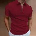 Men's slim fit short sleeve polo shirt featuring a metallic zipper closure in deep burgundy - Burgundy