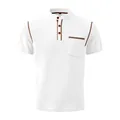 Vista frontal de una camisa Henley blanca de manga corta con ribete marrón y textura - S / Tops / Blanco