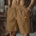 Vue détaillée d'un short en coton et lin marron respirant avec cordon et taille élastique. - M / Bas / Marron Foncé (Avec Étiquette en Cuir)