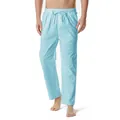 Detail view of men's light blue cotton linen casual trousers with drawstring waist - Light Blue