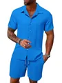 Summer men's casual blue textured short sleeve shirt and matching beach shorts set - Sapphire Blue