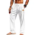 Detailed view of men's white drawstring linen pants for beach vacation comfort - S / Bottoms / White
