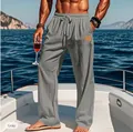 Man wearing gray drawstring straight-leg casual trousers on a yacht deck over sea - S / Bottoms / Gray