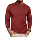 Men's solid burgundy red waffle knit long sleeve crew neck t-shirt slim fit top - Burgundy